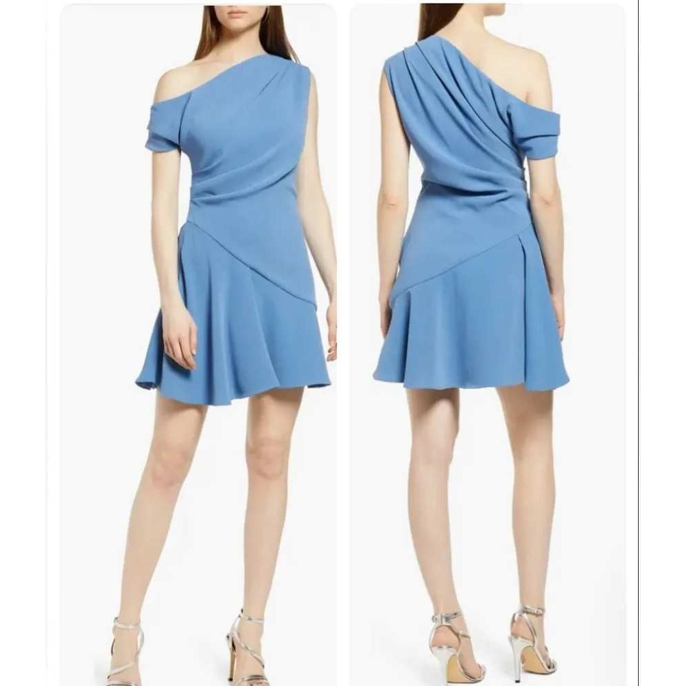 Elliatt Blue Cassini Ruched Wrap Dress M Wedding Guest Party Asymmetric Knit